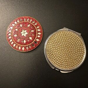 Two small compact makeup purse mirrors red glitter & diamond with rhinestones